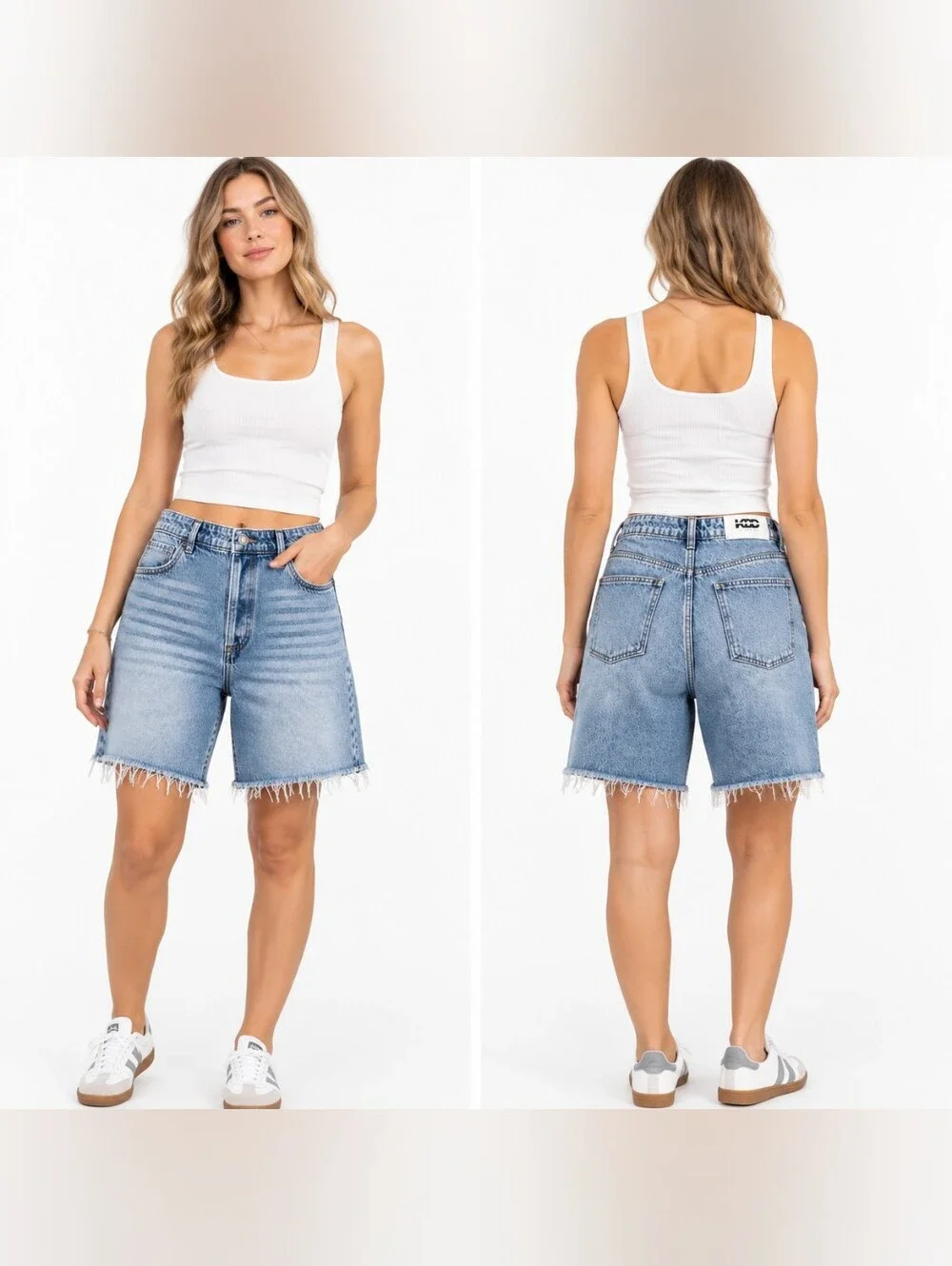 NWT KBB by Kahlana High Rise Long Bermuda Jort Denim Cutoff Shorts Light Wash 10
